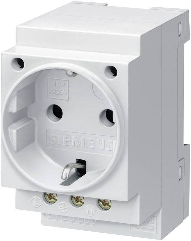 White Siemens electrical socket, mountable in distribution boxes, with labels for wiring and connection.
