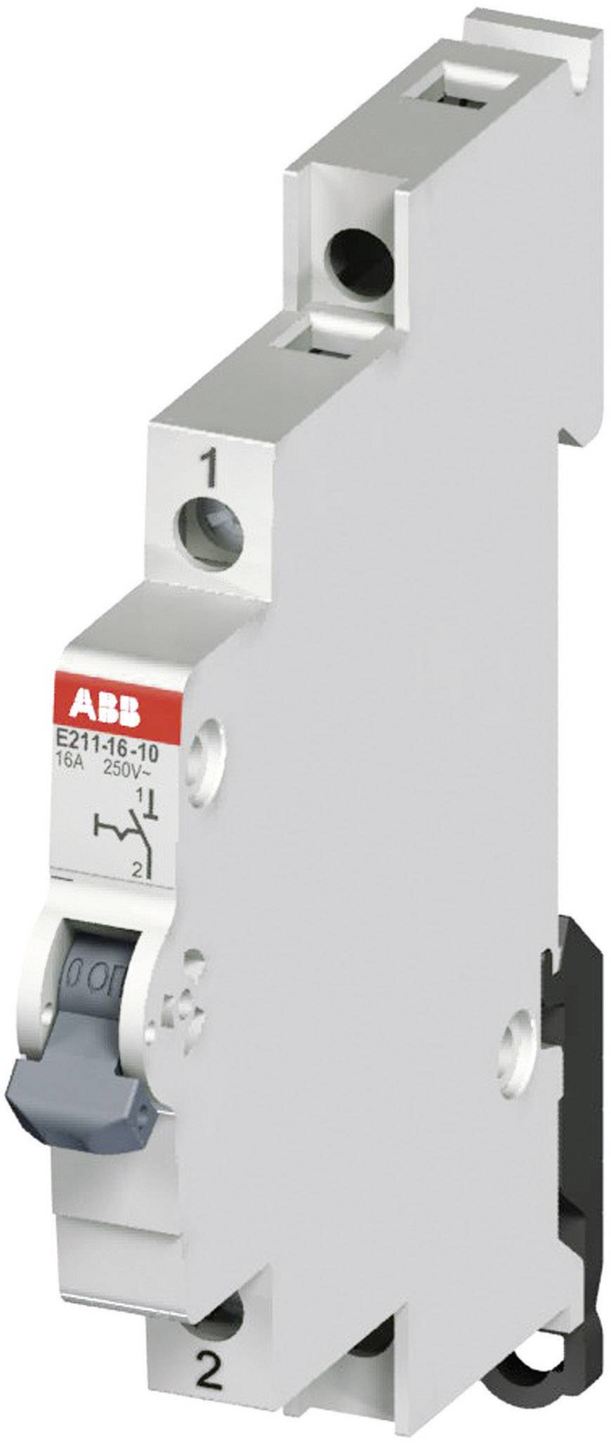 ABB circuit breaker, Model E211-16-10, 16A, 250V. Silver, slimline device with red and grey label.