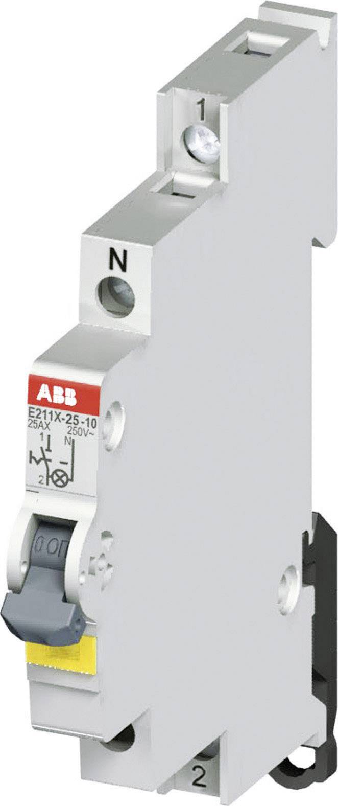 An ABB single-pole protective switch with a lever at the top. It has a grey colour with red and white labels.