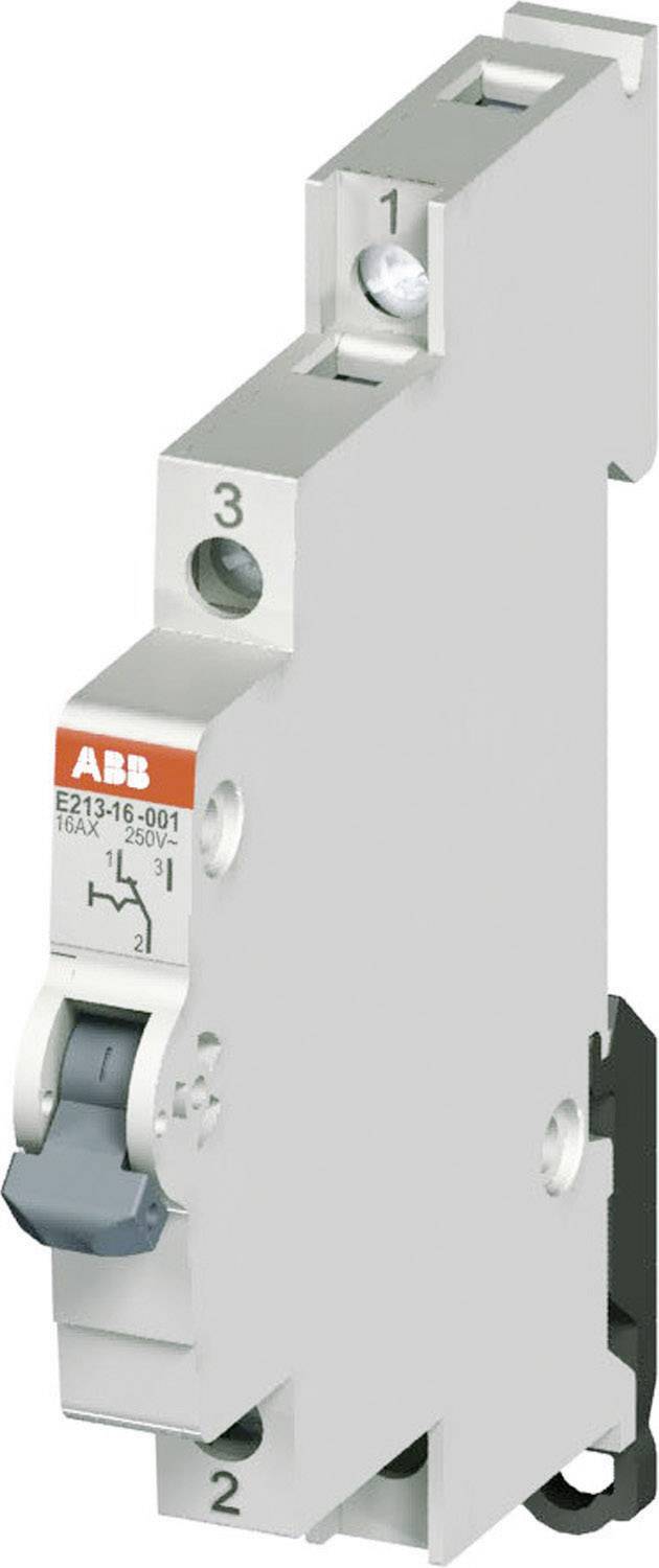 Electrical circuit breaker with ABB logo, grey casing and lever. Model number 'E2A3-16-001', suitable for DIN rail mounting.