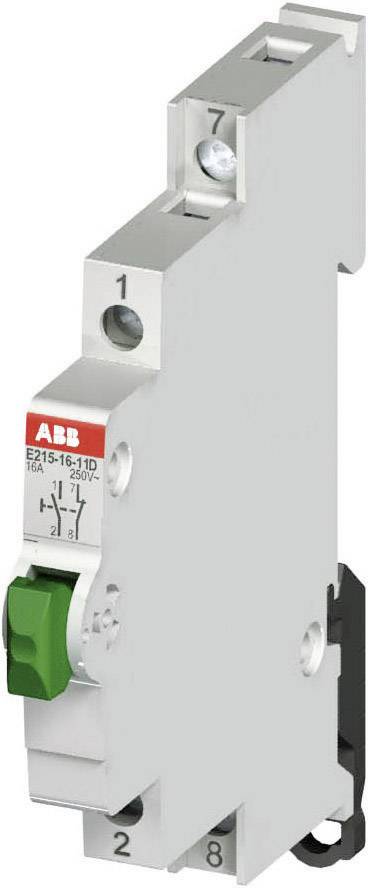 Single-pole circuit breaker by ABB, model E215-16.10, 16A, 250V, with green switch, side markings and connections.