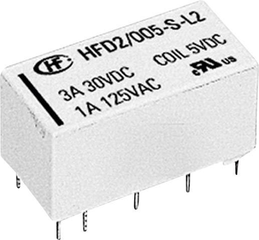 A rectangular relay with inscription 'HFD2/005-S-L2', '3A 30VDC', '1A 125VAC', 'COIL 5VDC'. Multiple connection pins at the underside.