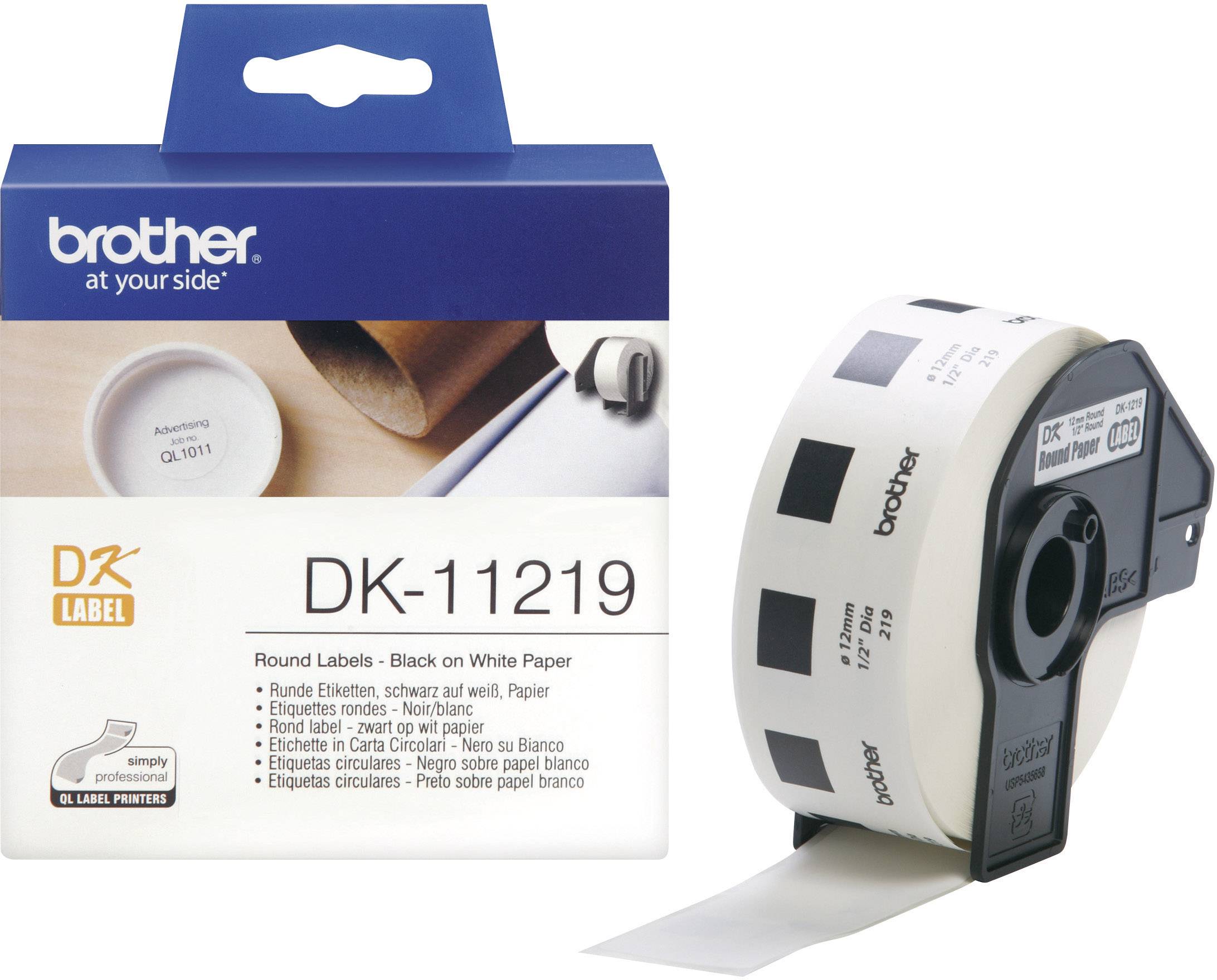 Cardboard box and roll with pre-perforated labels. Printed with 'DK LABEL'. Brand marking 'brother' clearly visible.