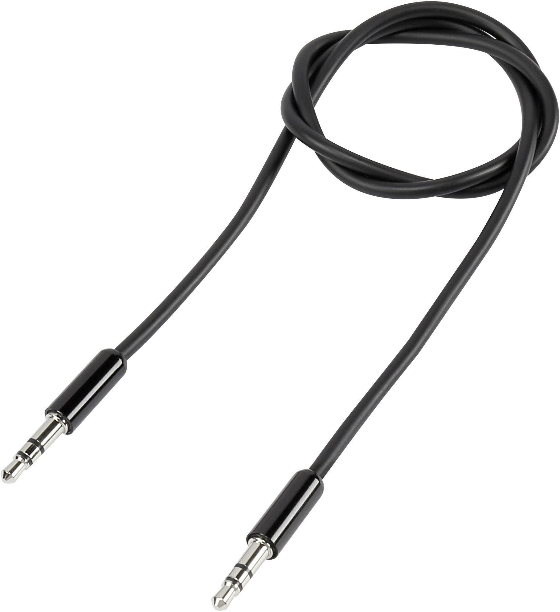 A black audio cable with two 3.5 mm plugs at the ends, on a white background.