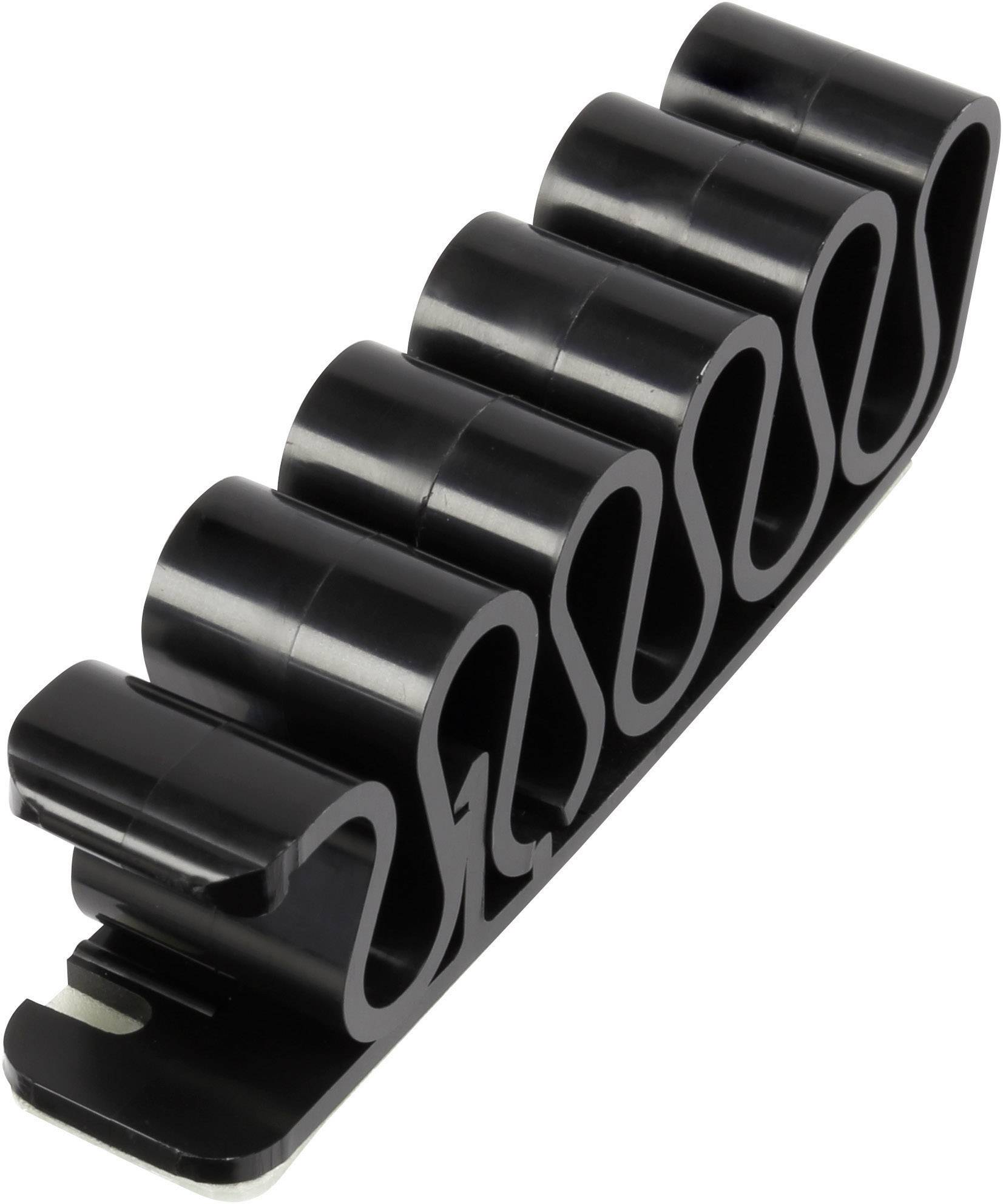 A black cable organiser with multiple slots for managing cables on a desk.