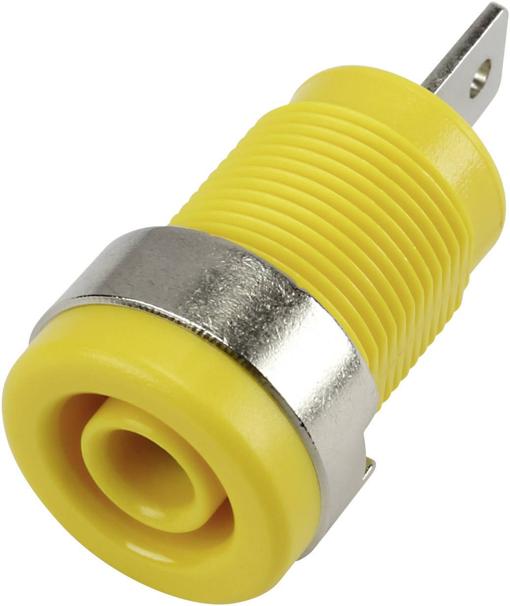 A yellow banana socket connector with a metal ring, typically used in electrical devices for secure connections.
