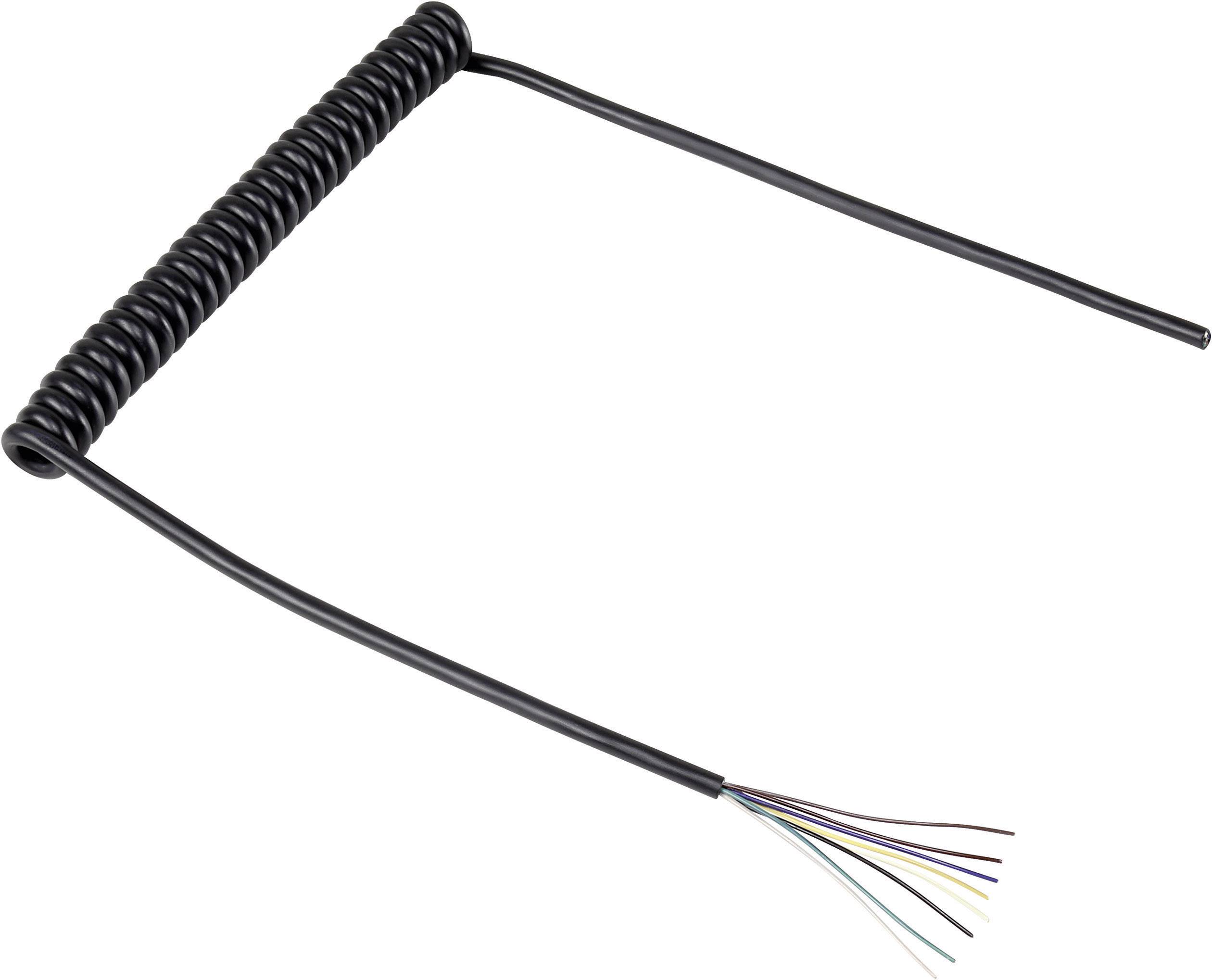 A black spiral cable extension with bare wire ends.