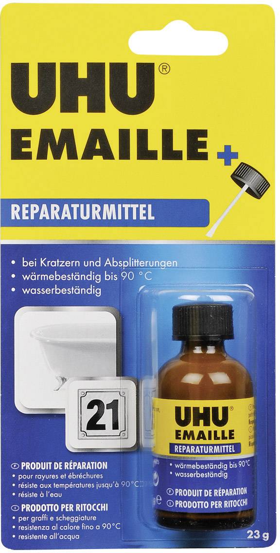 UHU Enamel Repair Compound in a package. Suitable for scratches and chips, waterproof up to 90°C, contains 23g.