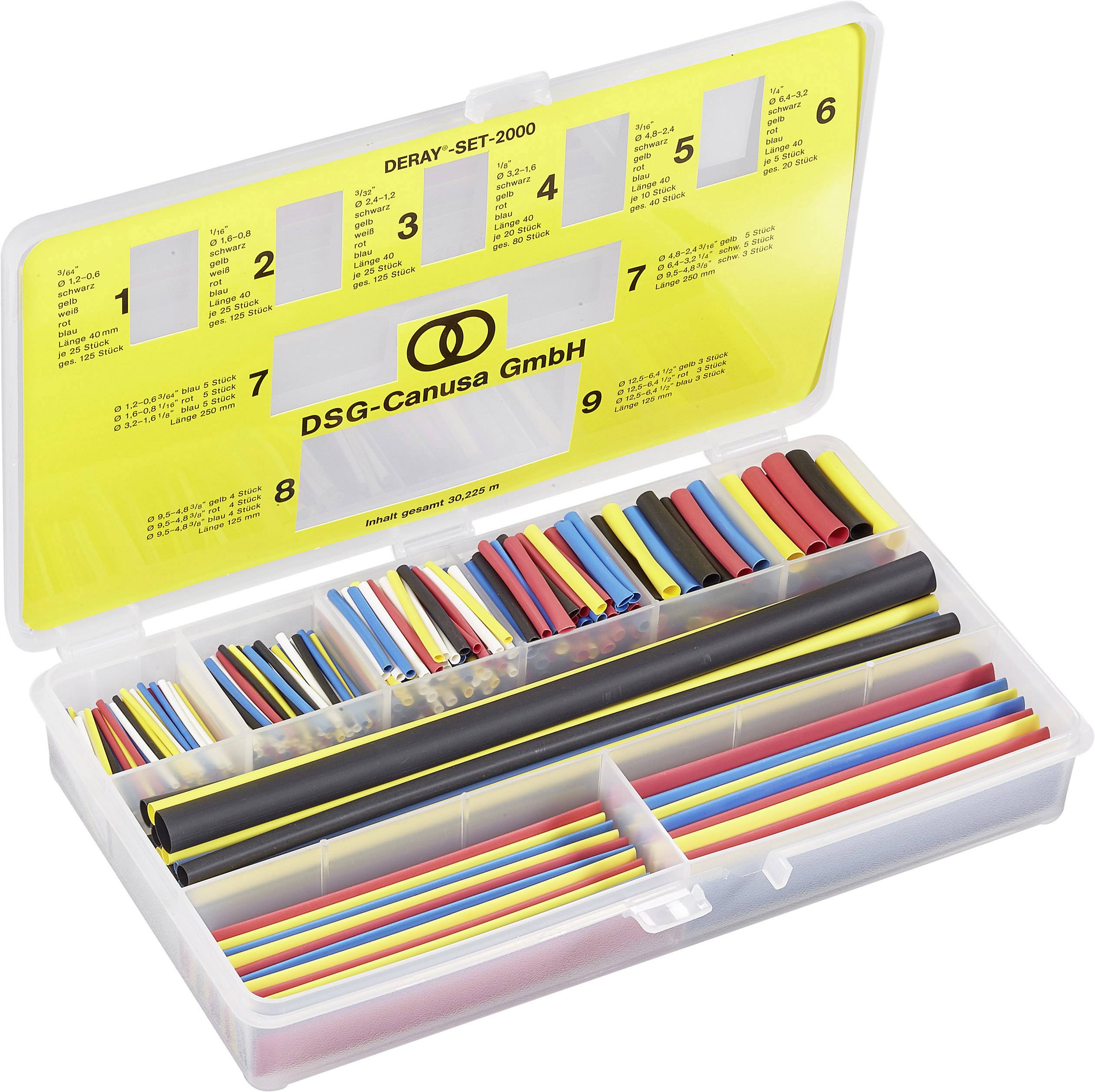 Transparent box with various heat-shrink tubes in colourful colours and sizes, organised in compartments.