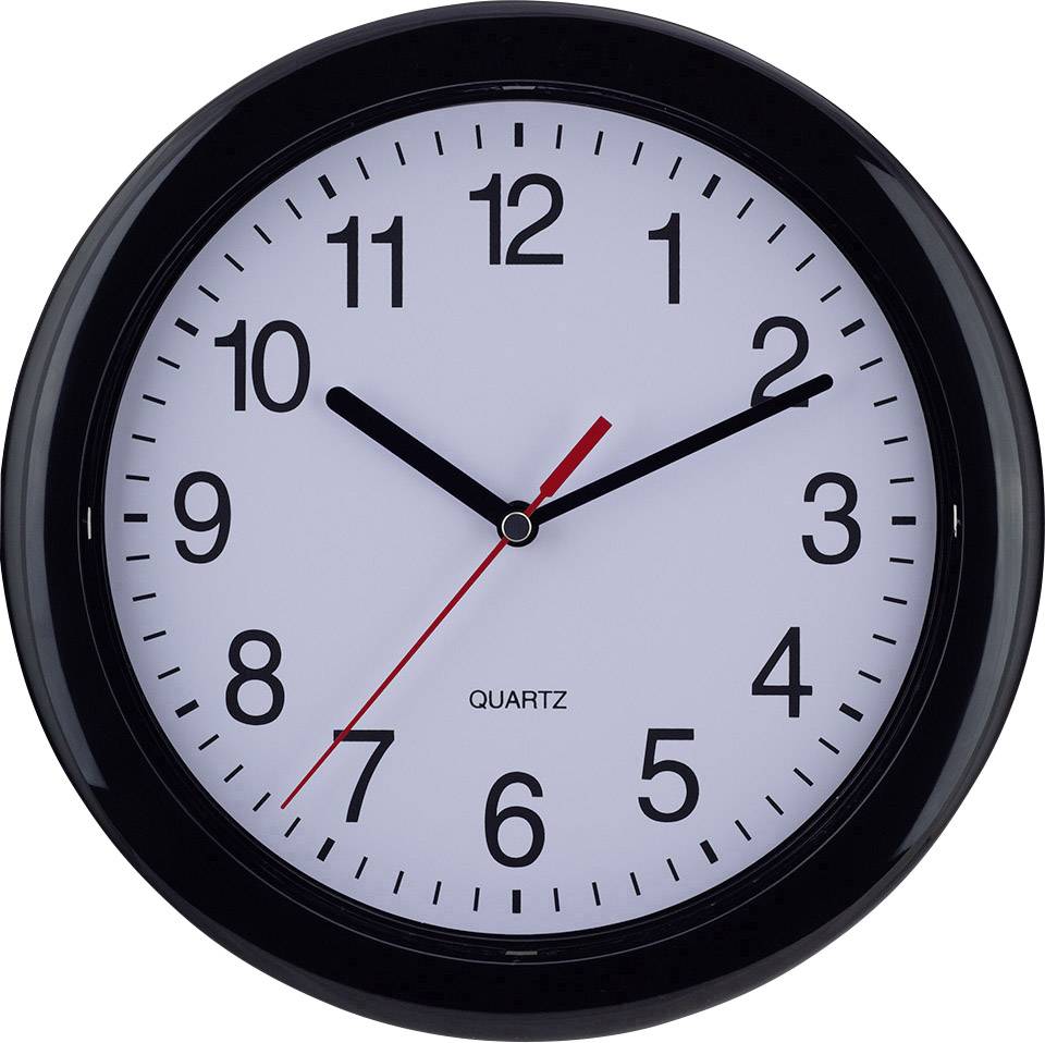 An analogue wall clock with a black frame shows 10:10.