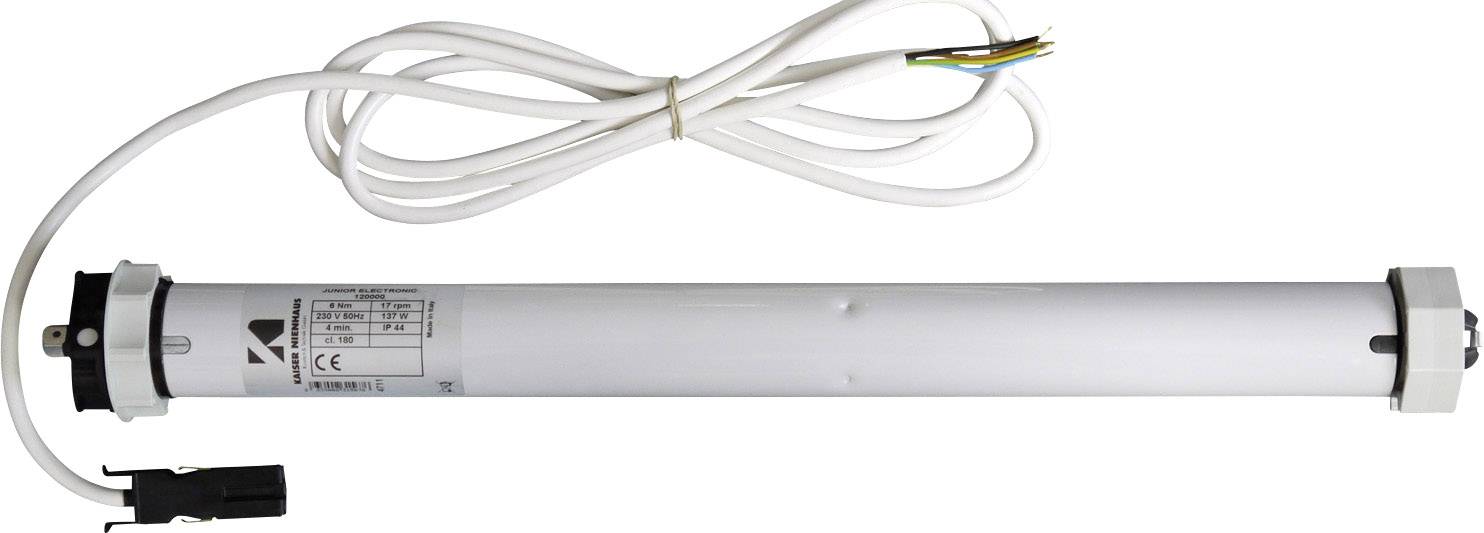 Electronic tubular motor with cable, suitable for roller shutters and awnings. Contains technical details on the label.