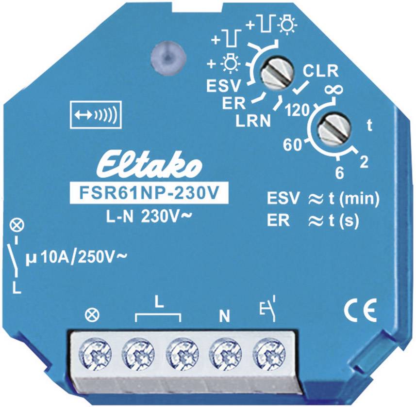 Blue Eltako switch 'FSR61NP-230V' displays symbols and numbers for electronic function, with white screw terminals at the bottom.