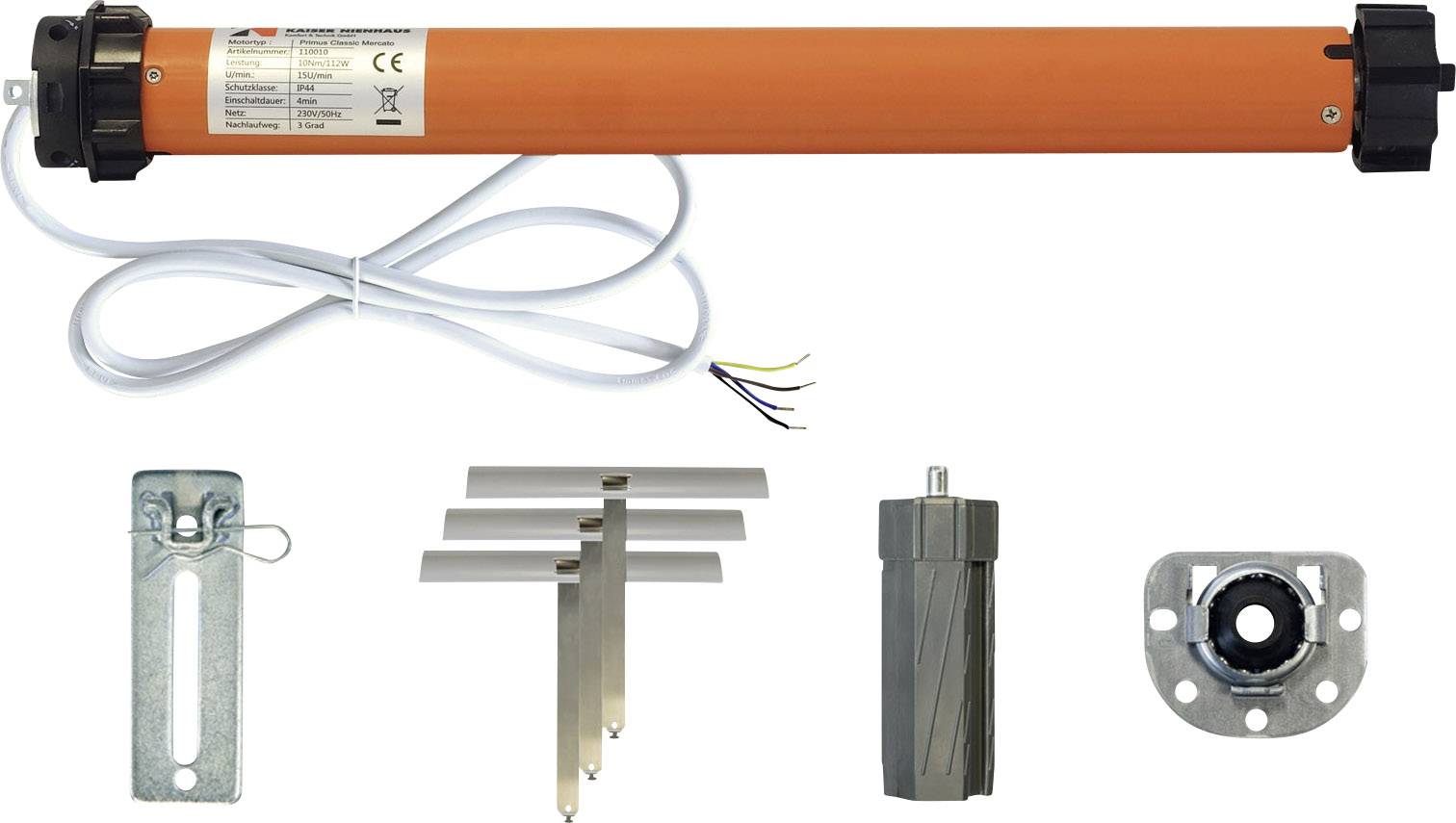 Roller Shutter Motor Set: orange tubular motor with cable, bracket, adapter, drive pin and mounting plate. For roller shutter drive.