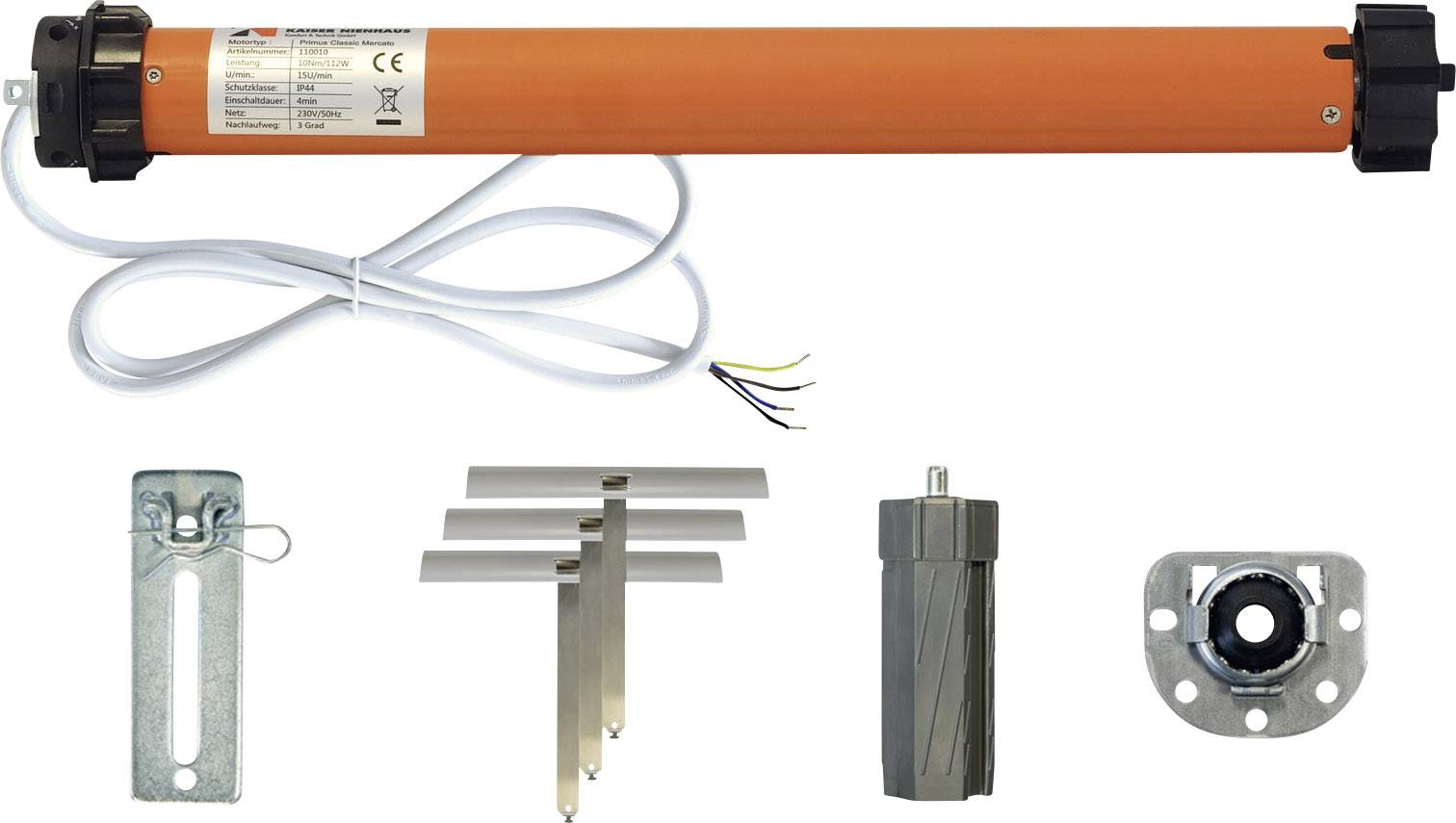 An orange tubular motor with cables, mounting materials, and adaptor parts, suitable for roller shutters or awnings.