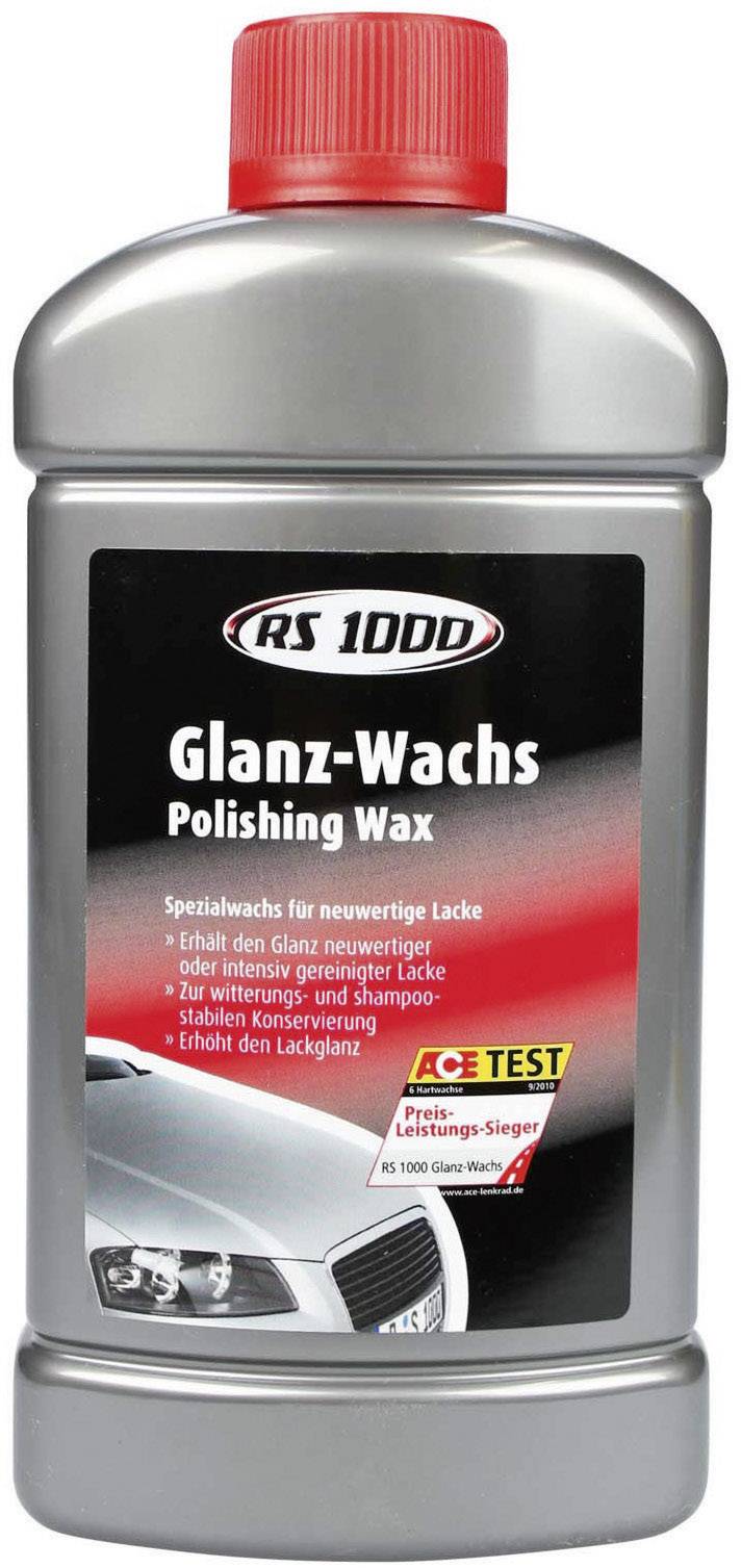 Bottle with red lid, labelled 'RS 1000 High-Gloss Wax'. Image of a car. Text emphasises the protection and care of paintwork.