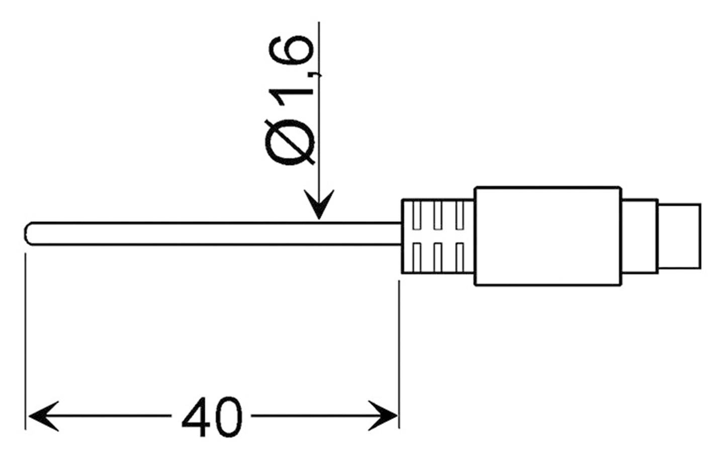 Technical drawing of a plug. The plug has a diameter of 1.6 mm and a length of 40 mm.