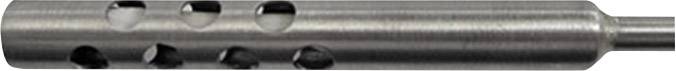 Metal cylinder with multiple round holes, possibly a machine part or pipe fitting, in close-up view.