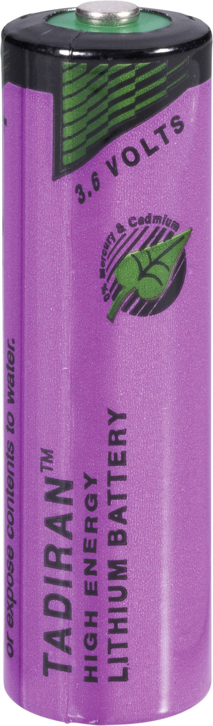 Lilac lithium battery with 3.6 volt marking, green recycling symbol and indications of environmentally friendly design.