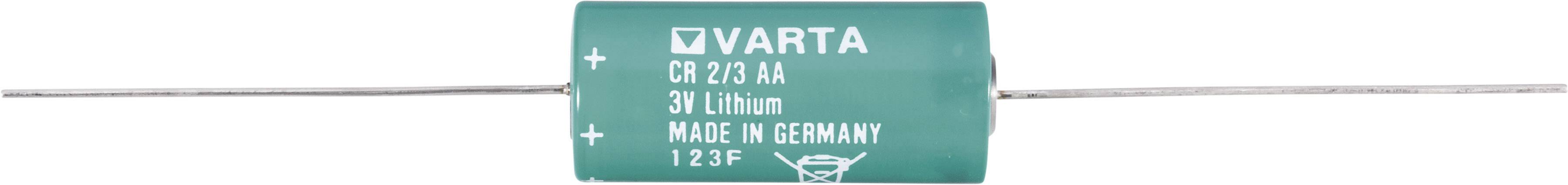 A green cylindrical battery with the inscription 'VARTA CR 1/3 AA 3V Lithium, Made in Germany, 12-22', shows positive and negative terminals.