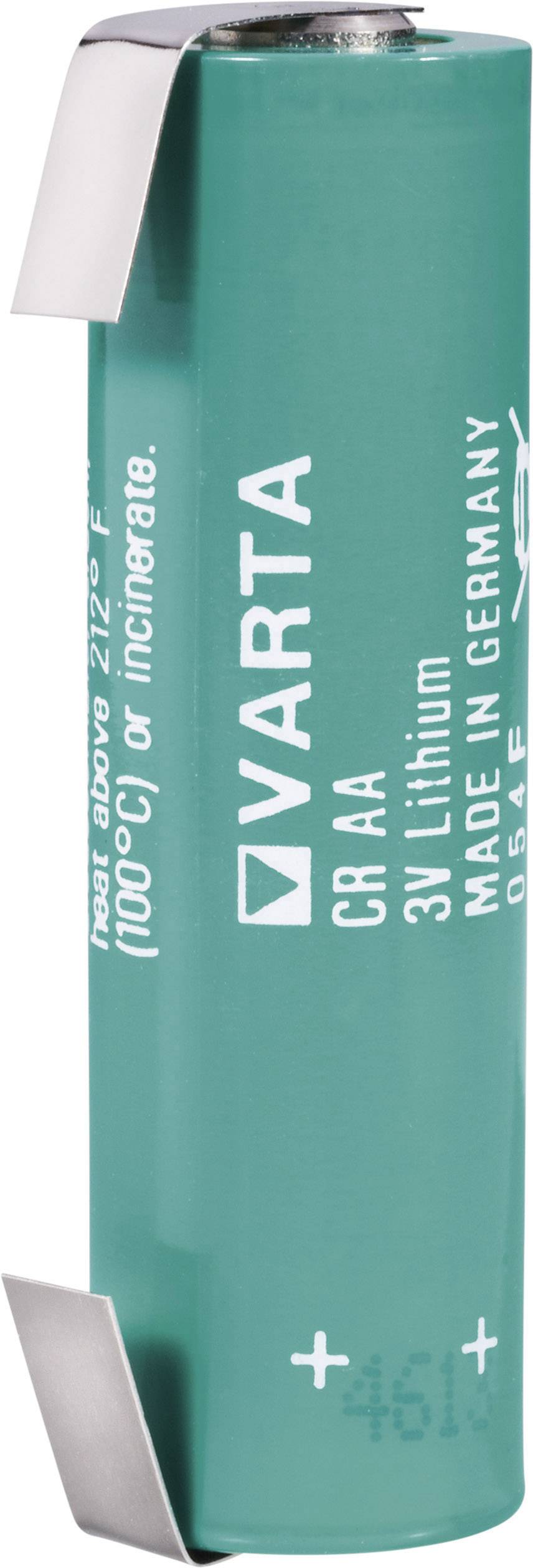 Green Varta CR AA 3V lithium battery, manufactured in Germany, with positive and negative markings.