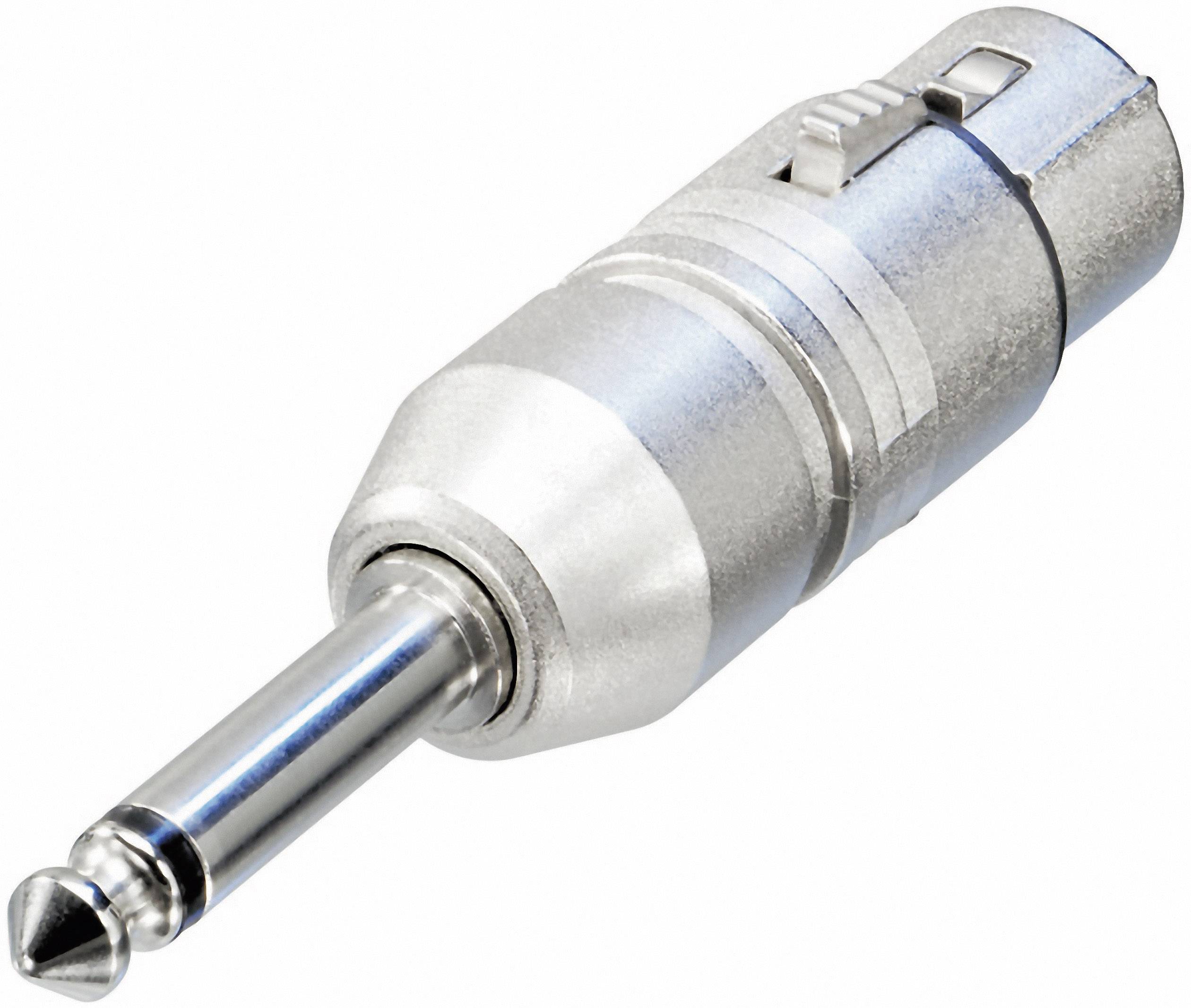A metal socket adapter with XLR socket to jack plug, used in audio technology for microphones and instruments.