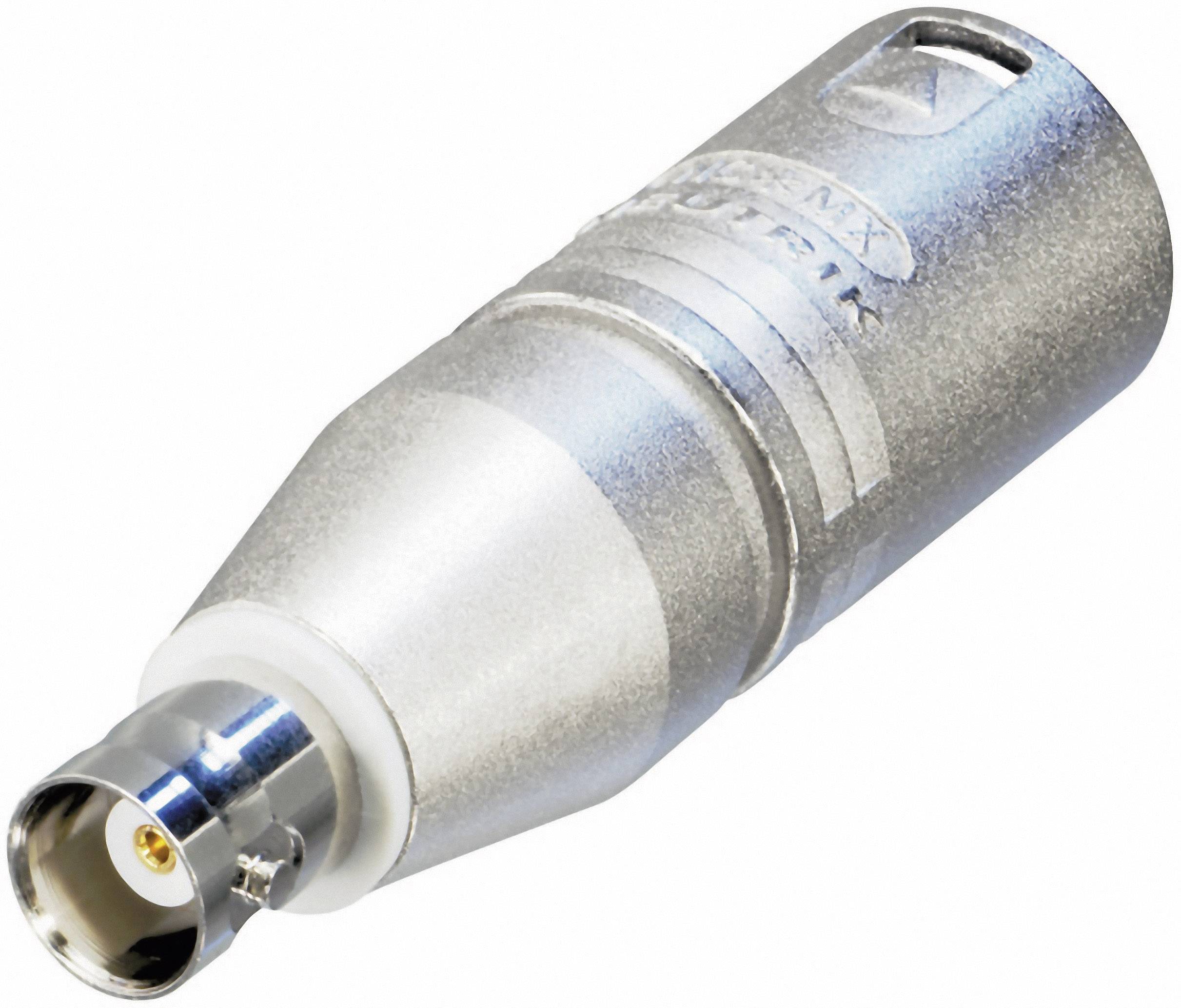 A silver BNC connector adapter shows the socket at the front and the housing. Used for coaxial cable connections in audio/video applications.