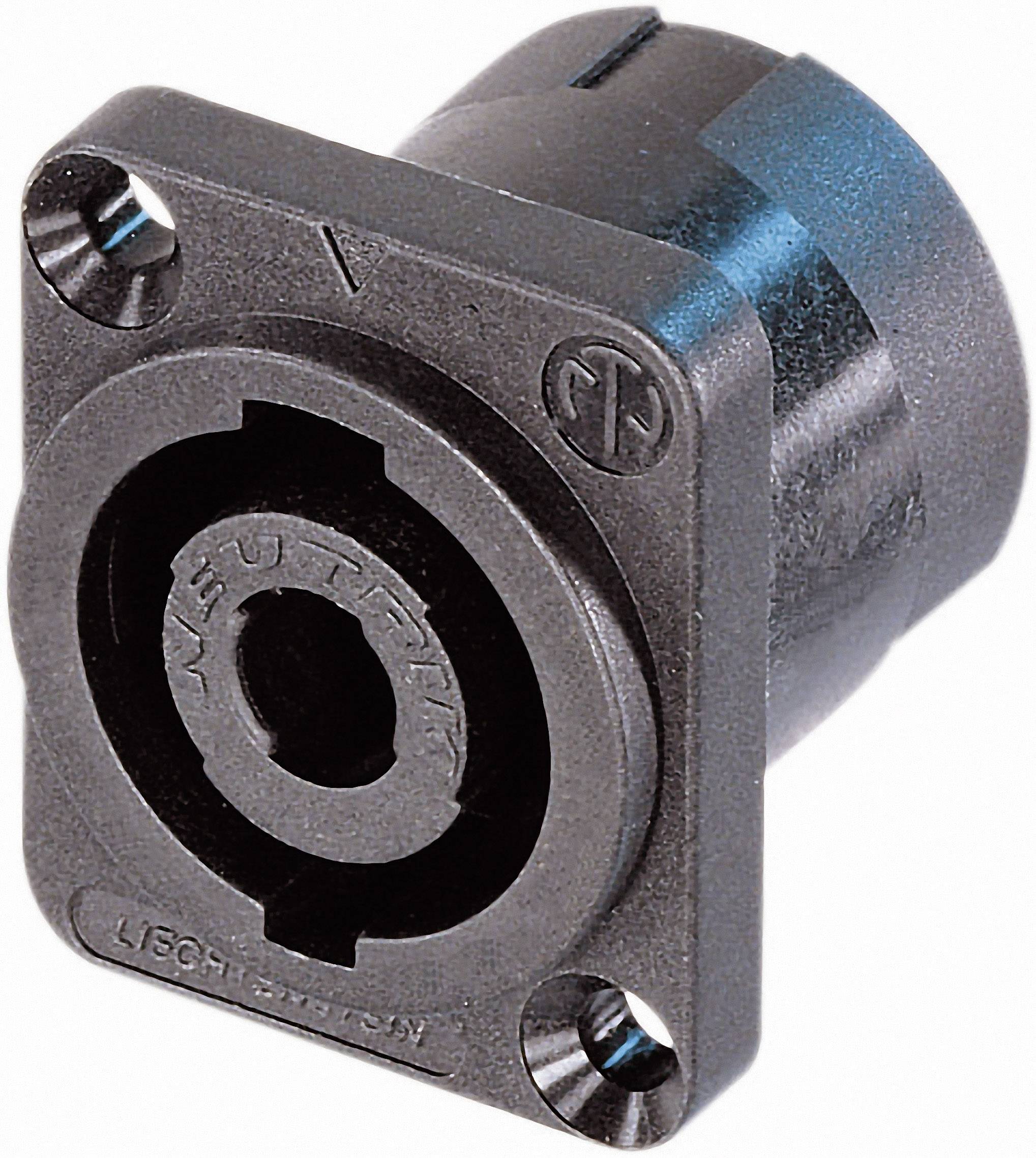 A black, rectangular jack socket insert with a round interior and screw fixings at the four corners.