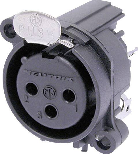 Three-pole male XLR audio socket with black housing and 'PUSH' label on silver lever at the top.