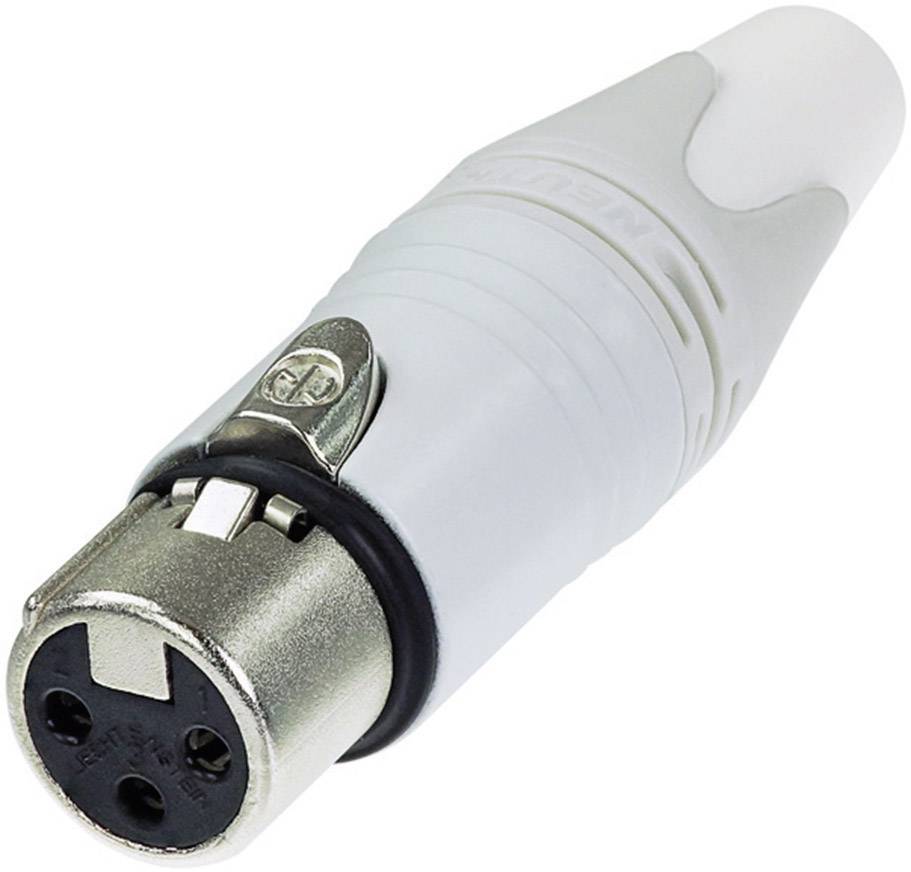 A white XLR plug with metallic contacts, suitable for audio cable connections.