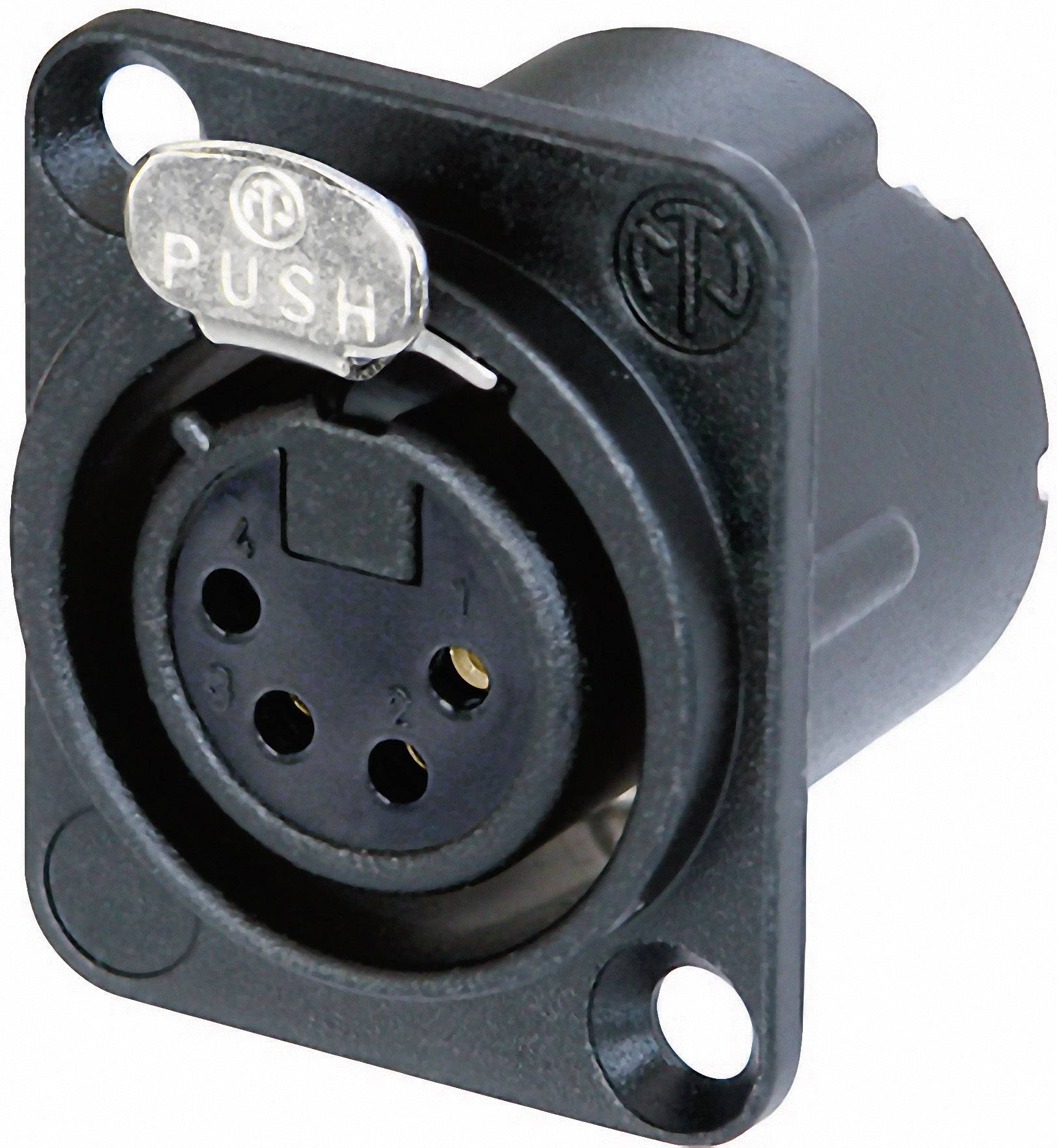 A black 3-pole XLR socket with a silver push button, labelled PUSH, for locking and releasing an XLR plug.