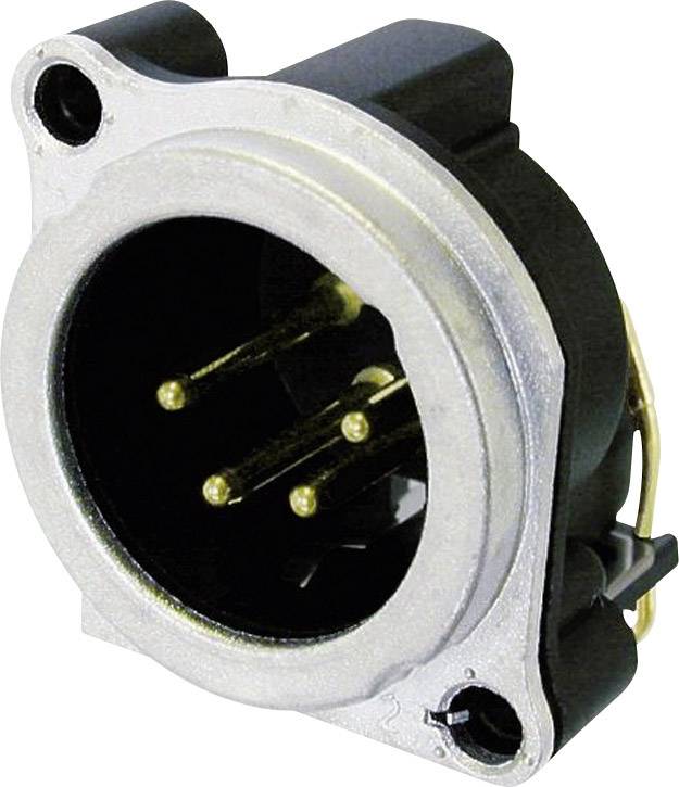 Three-pin, round electrical plug with metal frame and black plastic casing. Suitable for audio connections.
