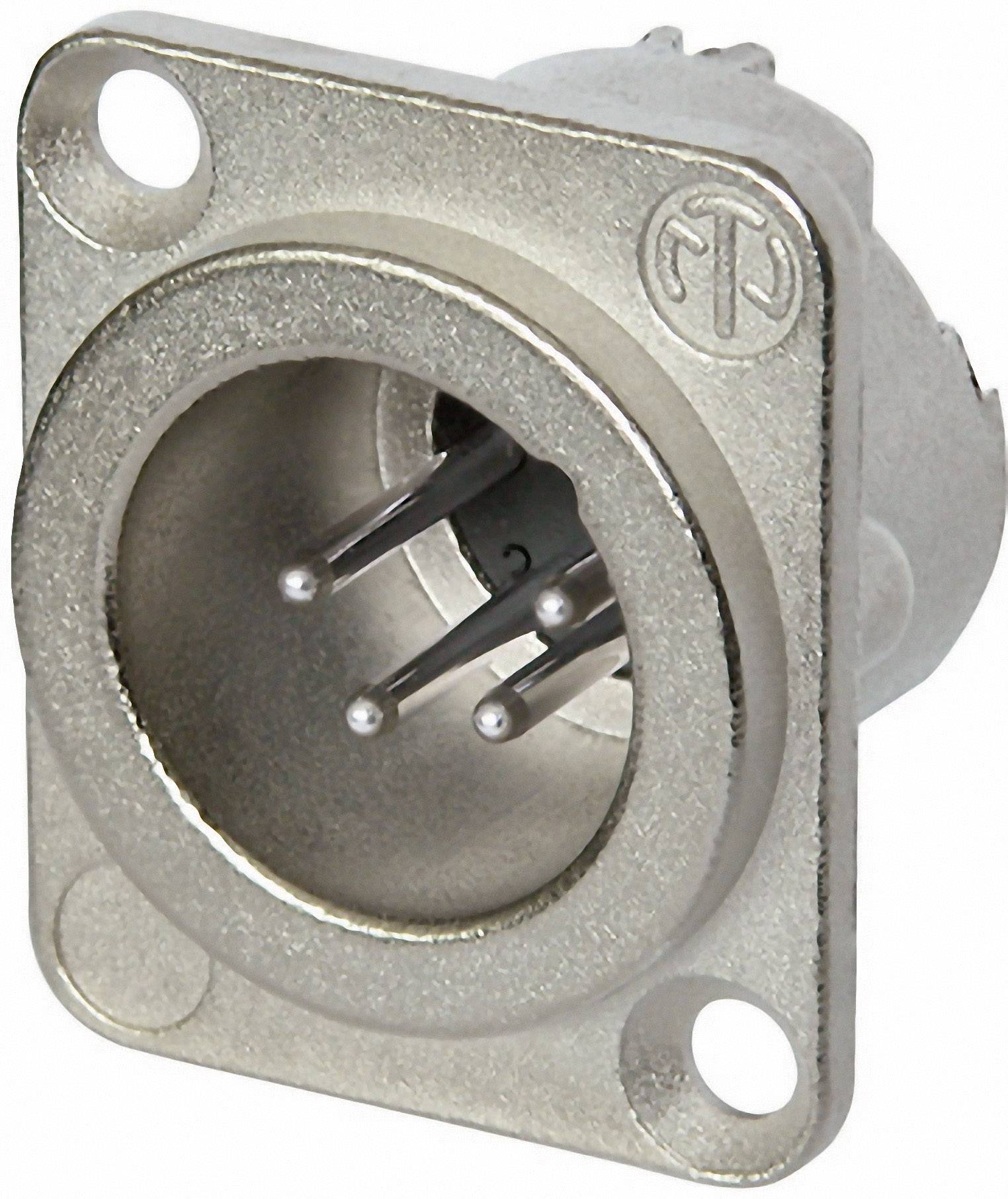 A silver XLR plug with three pins, integrated into a mounting plate. Suitable for audio connections.