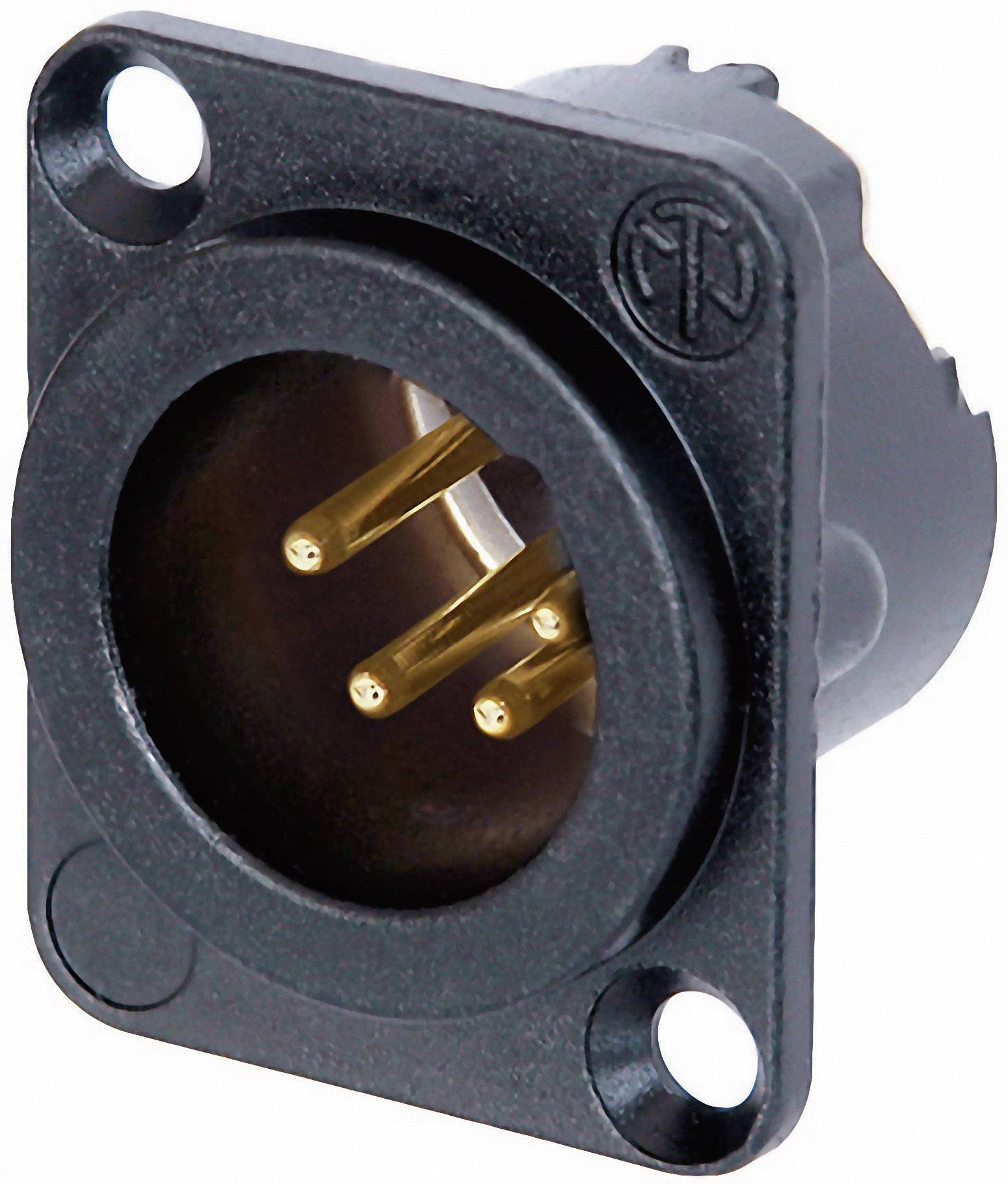 Black, round XLR connector with three gold-plated pins, suitable for audio connections.