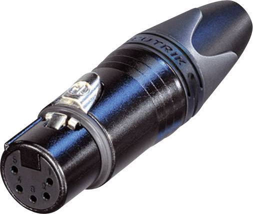 A black and blue XLR connector used for connecting and transmitting audio signals.