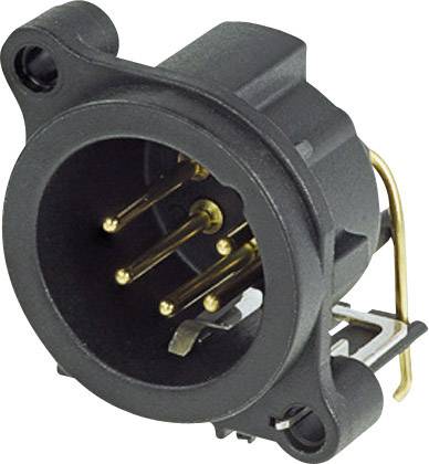 A black, cylindrical connector with multiple golden metal pins and two mounting holes.