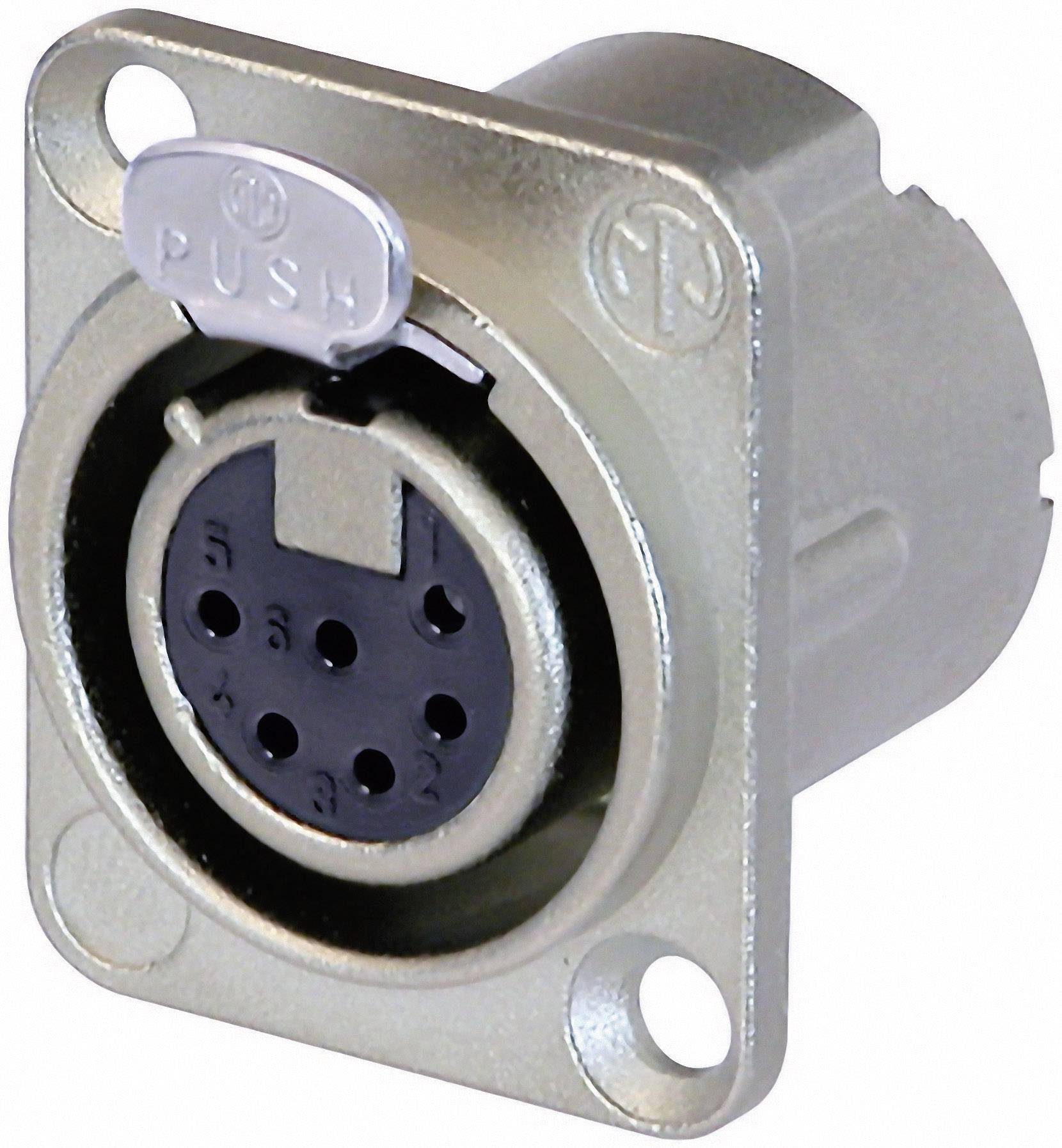 A silver, round 5-pin DIN plug with a rectangular mounting plate and the inscription 'PUSH' above the connection.