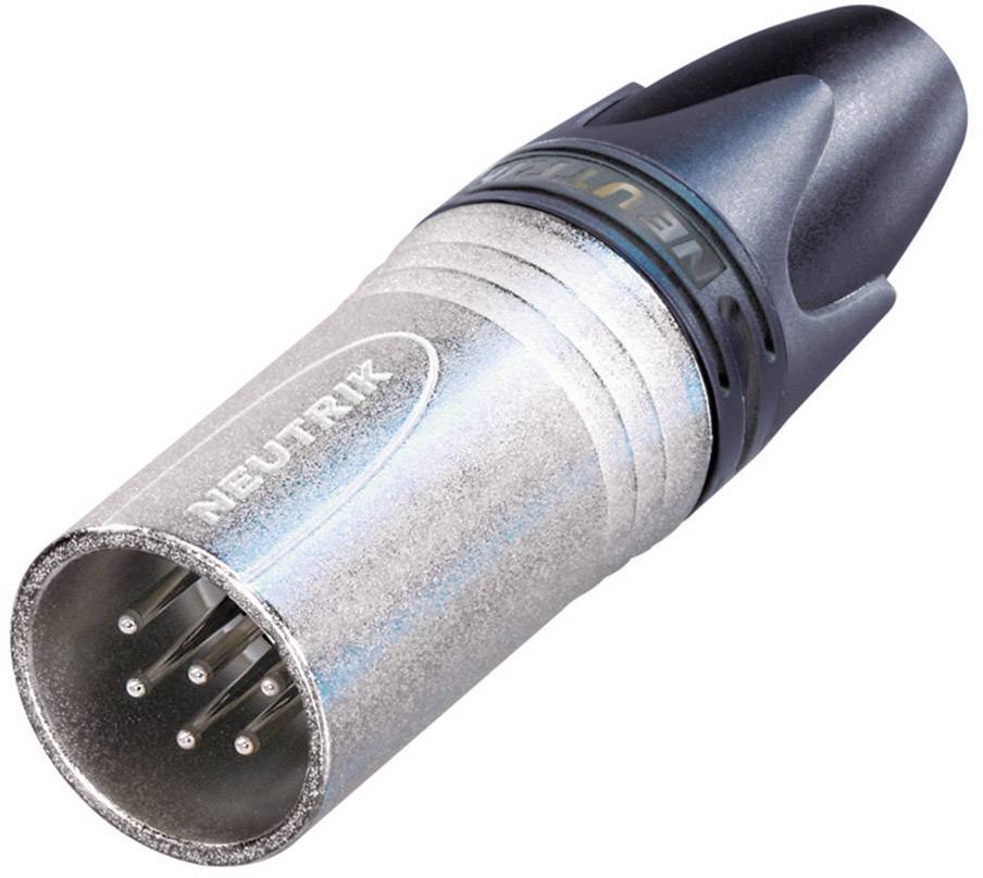 XLR plug, metal housing, 5-pin from Neutrik, used for sound and lighting technology connection, silver housing, black cap.
