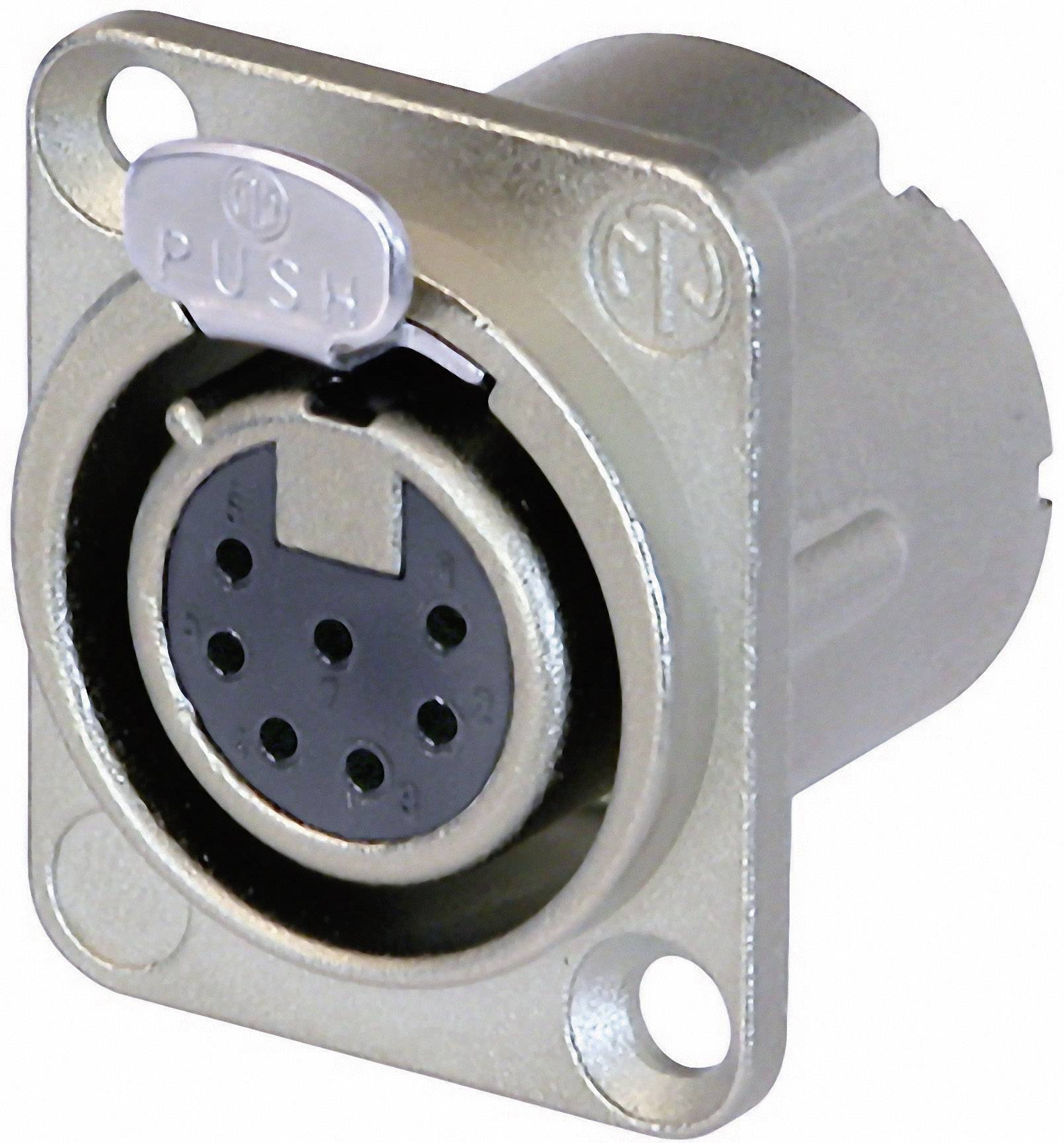 A silver, round plug with multiple circular connections, marked with 'Push' on the top surface. Suitable for audio connections.
