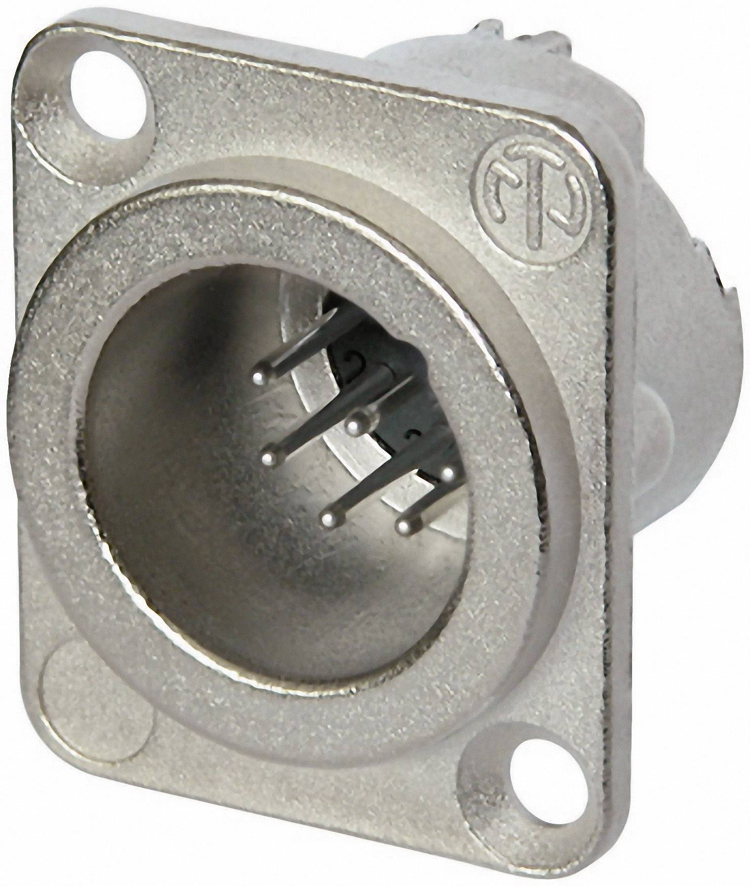 Metal circular connector with four pins, suitable for audio or electronic connections.