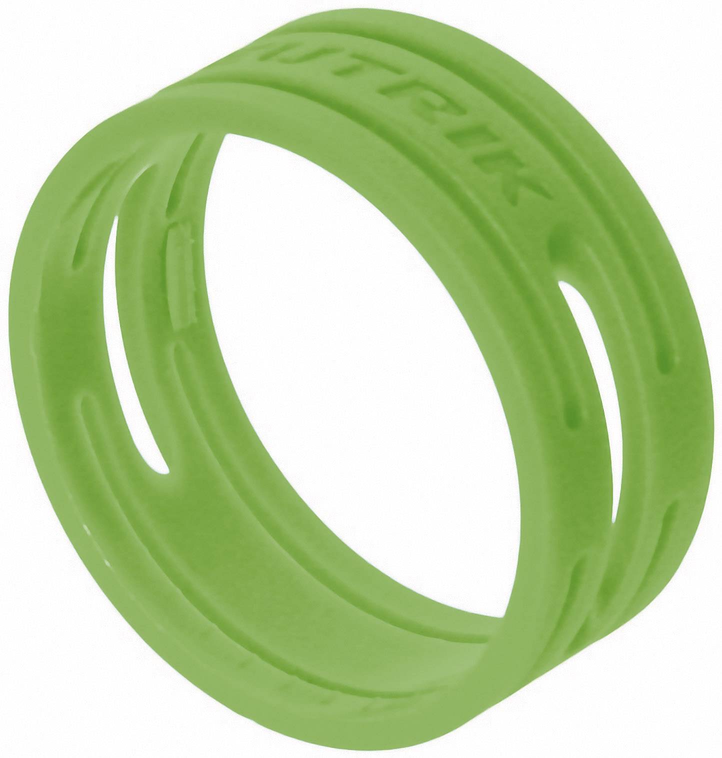 A green, round plastic ring with slits on its sides.