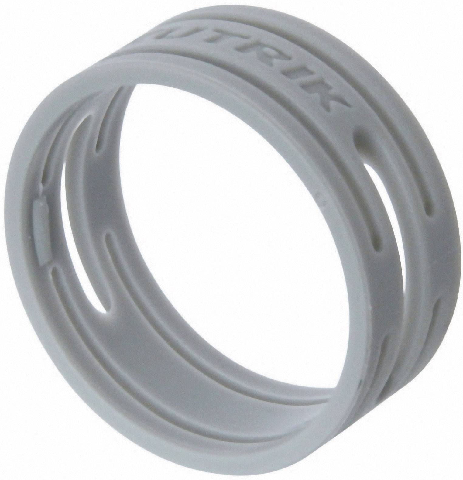 Grey, hollow plastic ring with engraved lettering.