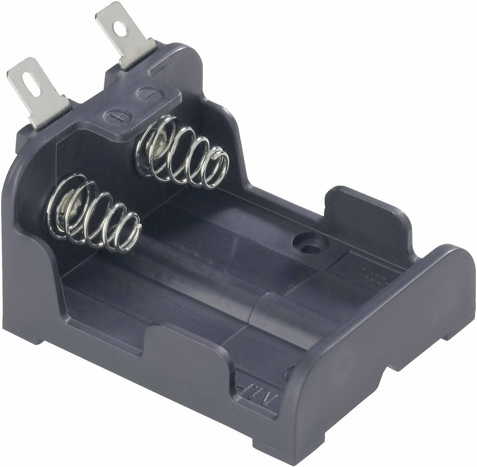 Black battery holder for two AA batteries with protruding metal springs and contacts, suitable for DIY projects.