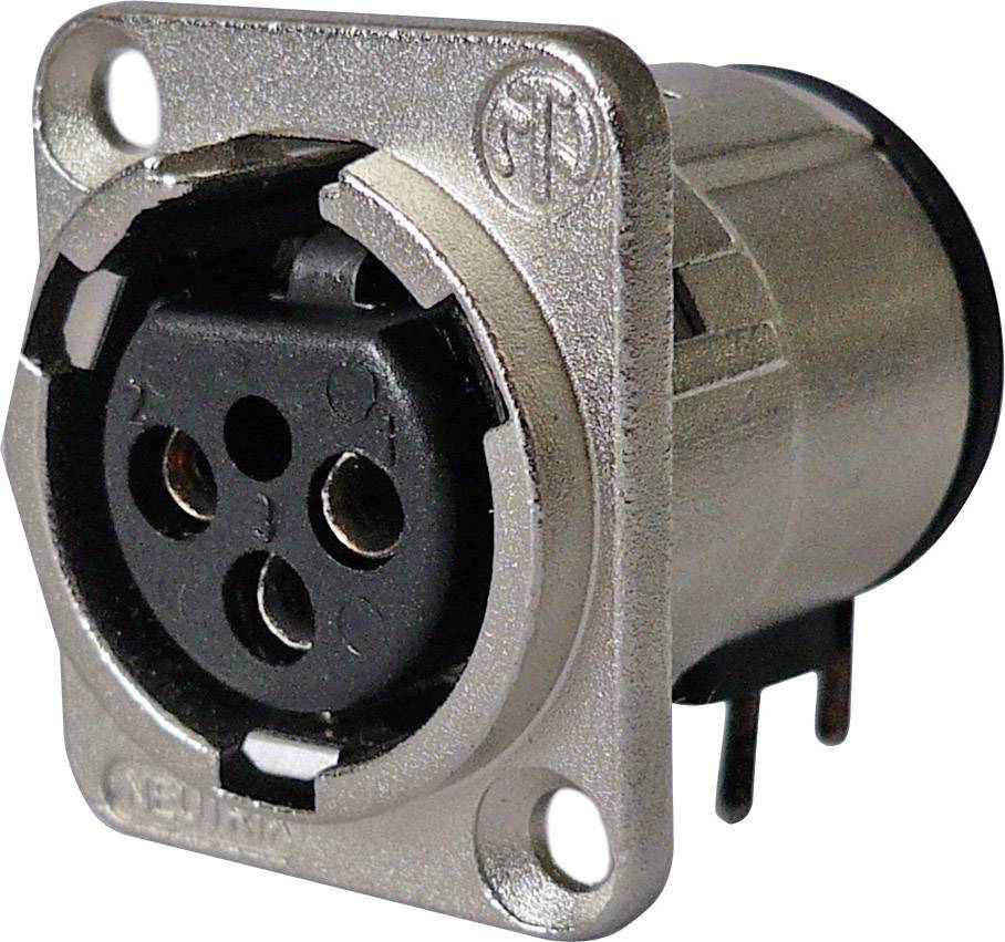 A four-pin XLR metal connector plug, commonly used in audio and video technology for secure cable connections.