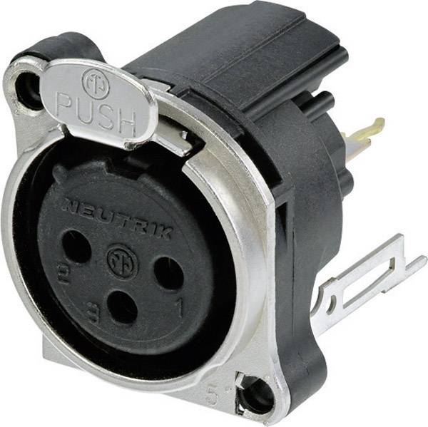 Black XLR socket with silver rim and pin slots. Labelled: PUSH, Manufacturer: Neutrik.