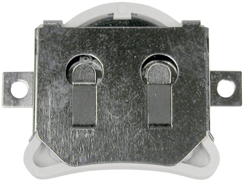 Metal mounting bracket for a button cell battery with two tabs for securing and two contacts for electrical connection.