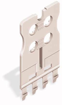 A beige plastic plate with four round openings and a notch at the top, with four protruding clips along the bottom edge.