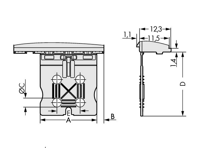 Technical drawing of a component with side and front view. Dimensions A, B, C, D, E are indicated. Numerical values in millimetres.