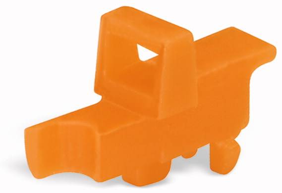 A small, orange plastic toy in the shape of a lorry with stylised wheels and an open cab.