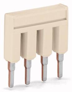 Electrical jumper connector with four metal rails. Connects circuit tracks in electrical applications. Plastic housing.