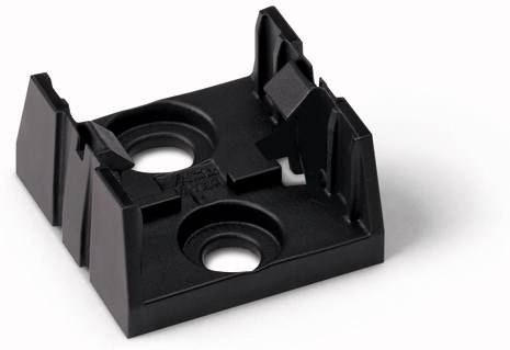 A black plastic component with two round holes, likely a connecting element or a fastening component.